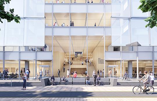 Front entrance and lobby, showcasing the building’s elements of transparency (Courtesy SOM)