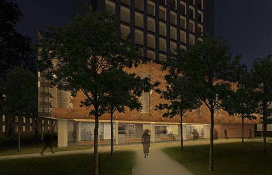 Moghadam Building (Building 55) at dusk (rendering courtesy Anmahian Winton Architects)